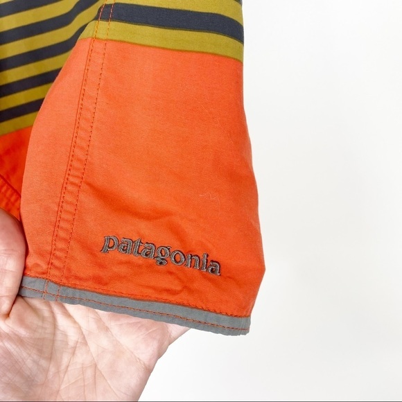 Patagonia Wavefarer Blue Orange Yellow Striped Tie Waist Board Shorts EUC 31 - Picture 3 of 7